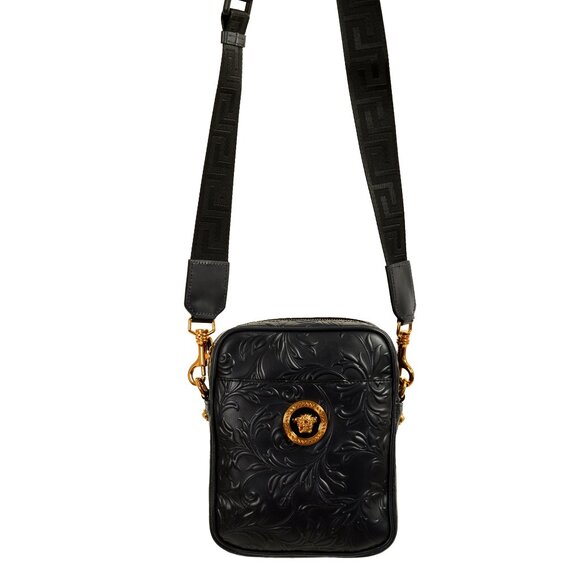 Versace Unisex Navy Blue Barocco Embossing Leather Crossbody Shoulder Bag - Picture 1 of 8